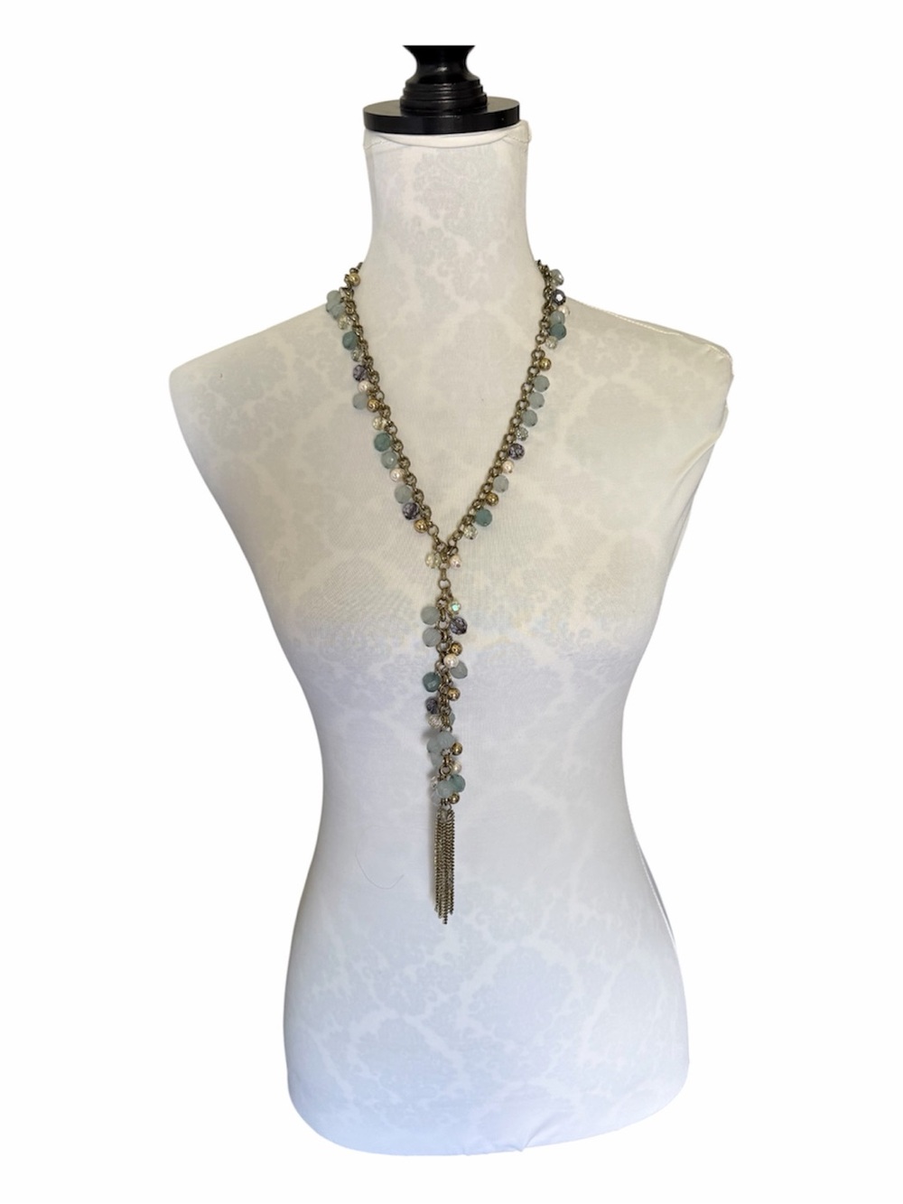 Beaded Y-Necklace with Tassel Pendant | Aqua Gray Crystal Pearl Boho Statement - Picture 3 of 3